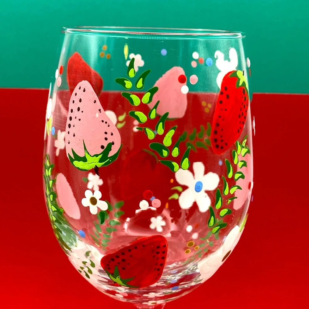 Hand-Painted Strawberry Floral Leaves And Polka Dots Wine Glass